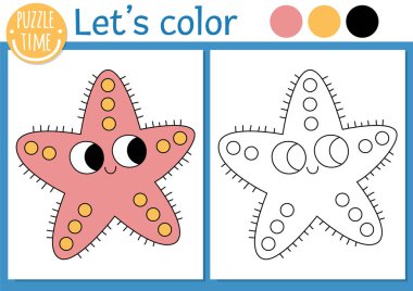 Deniz yıldızı olan çocuklar için deniz boyama sayfasının altında. Okyanus yaşamını sevimli su hayvanlarıyla özetleyin. Renkli örnekleri olan çocuklar için boyama kitabı. Çizim becerileri yazdırılabilir çalışma grubu