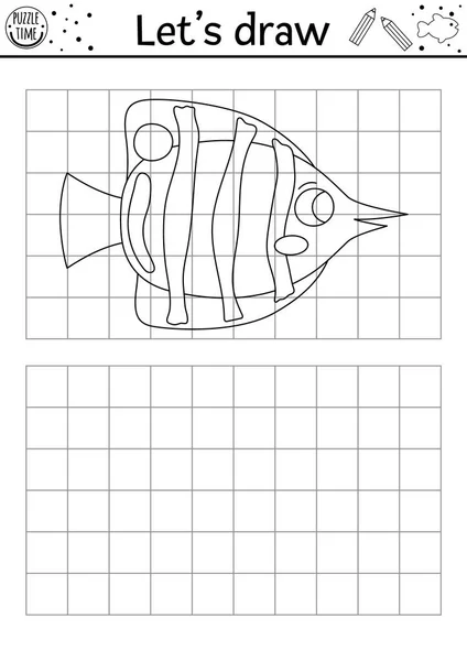 画蝴蝶鱼 在海图作业表下的矢量 给水生动物的孩子们印刷的黑白活动 海洋生物复制或完成图片着色桶 — 图库矢量图片