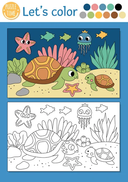 Onder Zee Kleurplaat Voor Kinderen Met Een Schildpad Onderwaterwereld Vector — Stockvector