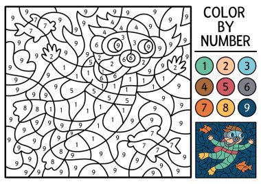 Deniz renginin altındaki vektör, dalgıç ve balıklarla yapılan sayılı aktivitelere göre. Okyanus hayatı sahnesi. Yüzücü çocukla siyah beyaz sayma oyunu. Sualtı manzaralı çocuklar için boyama sayfası