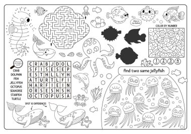 Deniz minderinin altındaki taşıyıcı. Okyanus yaşam çizgisi basılabilir aktivite paspası labirenti, kelime bulmacası, gölge eşleşmesi, fark bul. Sualtı siyah beyaz oyun hasırı, menü, boyama pag
