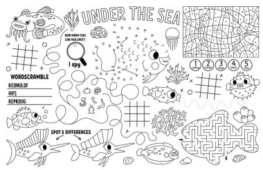 Vector under the sea placemat for kids. Ocean life printable activity mat with maze, tic tac toe charts, connect the dots, find difference. Underwater black and white play mat or coloring pag clipart