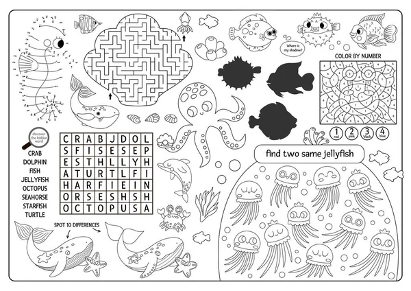 海面下のベクトル 単語検索パズル 影の一致 違いを見つけると海洋生物ライン印刷活動マット 水中黒と白のプレイマット メニュー 着色ページ — ストックベクタ