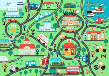 Şehir taşıma haritası. Demiryolu, yollar, çocuklar için trafik işaretleri. Trenli, arabalı, tramvaylı, kamyonlu vektör bilgi elemanları. Havaalanı, liman, otobüs durakları, benzin istasyonu, kafe...