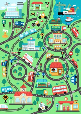 Şehir taşıma haritası. Demiryolu, yollar, çocuklar için trafik işaretleri. Trenli, arabalı, tramvaylı, kamyonlu vektör bilgi elemanları. Havaalanı, liman, otobüs durakları, benzin istasyonu, kafeinli şehir planı