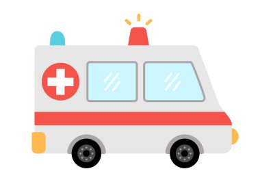 Vektör ambulans arabası. Çocuklar için komik bir acil taşıma aracı. Hastane araç klipsleri güzelmiş. Beyaz grupta özel ulaşım simgesi izole edildi