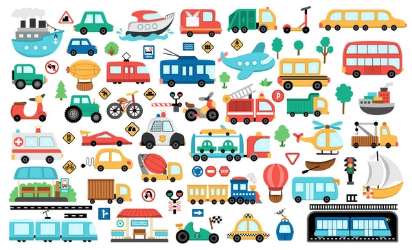Vector transportation set. Funny water, land, air underground transport collection for kids. Cars and vehicles clip art. Cute train, truck, fire engine, metro, bus, plane, helicopter, road signs icons