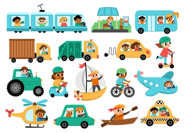 Ensemble Transport Vectoriel Avec Enfants Eau Drôle Terre Collection Transport — Image vectorielle