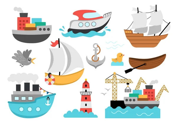 Διανυσματικό Σύστημα Μεταφοράς Νερού Αστεία Συλλογή Ναυτική Μεταφορά Πλοίο Βάρκα — Διανυσματικό Αρχείο