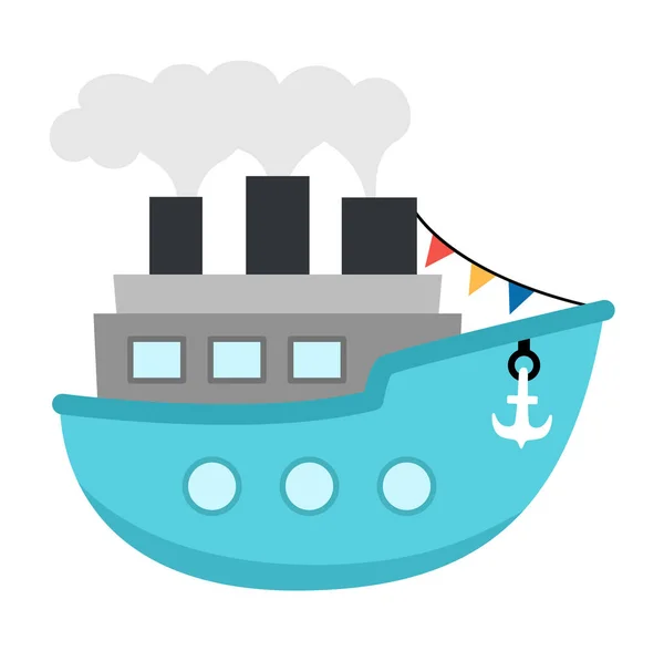 Διανυσματικό Μπλε Ατμόπλοιο Σωλήνες Ατμό Άγκυρα Σημαία Εικονίδιο Μεταφοράς Νερού — Διανυσματικό Αρχείο