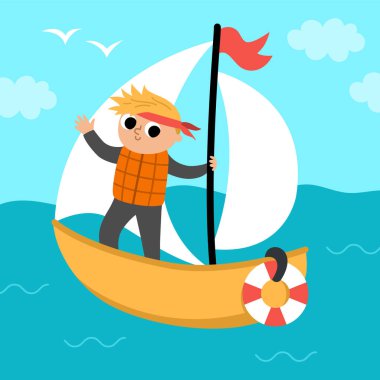 Vector Meydanı 'nda erkek yelkenli yatı sahnesi. Ulaşım illüstrasyonu. Sevimli çocuk nakliye aracını kullanıyor. Su aracı manzarası. Çizgi film çocuğu.