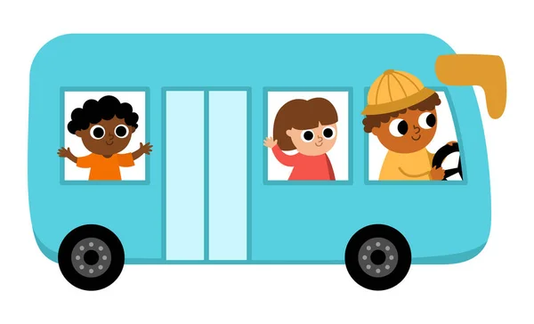 Autobús Azul Vectorial Con Conductor Pasajeros Autobús Divertido Para Niños — Vector de stock