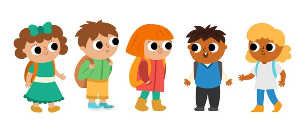 Vector Cute Schoolchildren Backpacks Back School Character Illustration Boys Girls — Stock Vector