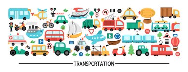 Değişik taşıma araçları olan yatay taşıyıcı seti. Yol kartı şablonu ya da afişler ve davetiyeler için çerçeve tasarımı. Otobüs, araba, tekne, kamyon, bisiklet, uçak, trai ile şirin illüstrasyon