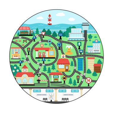 Şehir ulaşımı haritası. Yuvarlak şekilli arka plan, hava, su, toprak, çocuklar için yeraltı taşıma yerleri. Yolculuk sırasında çocuklar için paspas ya da halı oyunu. Tren istasyonu, otobüs durağı ile şehir planı