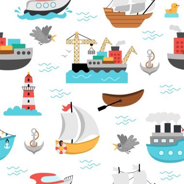 Vektör su taşıma şablonu kusursuz. Gemi, tekne, vapur ve çocuklar için yatla arka planı tekrarlayan komik deniz taşımacılığı. Çapalı, deniz fenerli, martı desenli şirin deniz araçları.