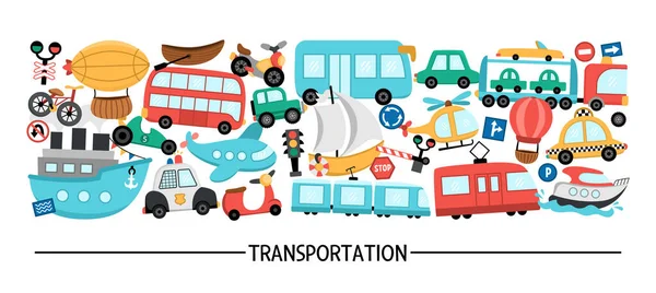矢量运输水平集 有不同的运输方式 路卡模板或框架设计的横幅 邀请函 用公共汽车 自行车 电车等小巧的插图 — 图库矢量图片