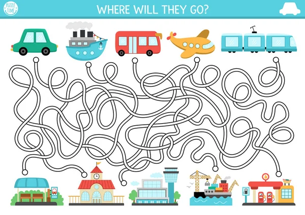Transportation maze for kids with air, water, land, railway transport. Urban preschool printable activity. Labyrinth game or puzzle with car, train, ship, train, plane. Help the bus get to last sto