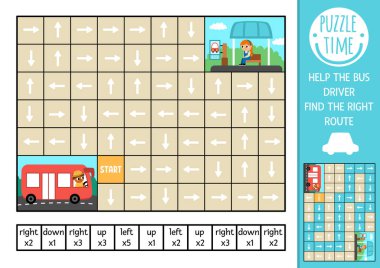 Otobüsü ve bekleyen yolcusu olan çocuklar için ulaşım mantığı labirenti. Ulaşım yarışması okul öncesi yazdırılabilir etkinlik. Labirent oyunu ya da sol, sağ, yukarı, aşağı konsepti olan bulmaca. Gerilemeyi bulun.