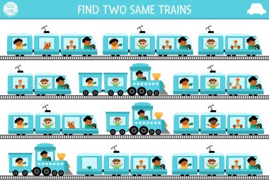 Aynı iki treni bul. Çocuklar için ulaşım etkinliği. Dikkat çekme becerileri için demiryolu taşımacılığı eğitim sınavı ödevi. Şirin motorlu basit yazdırılabilir oyun