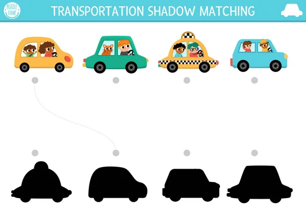 Actividad Paralela Transporte Puzzle Transporte Con Coches Lindos Taxi Conductores — Vector de stock
