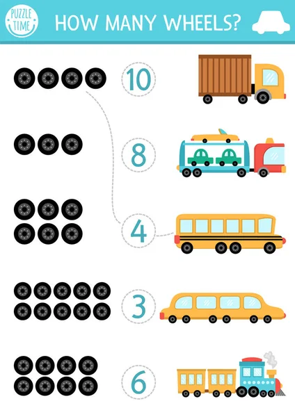 Ταιριάξτε Παιχνίδι Μεταφοράς Αριθμών Οχήματα Μαθηματική Δραστηριότητα Για Παιδιά Προσχολικής — Διανυσματικό Αρχείο