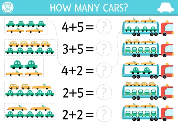 Πόσα Αυτοκίνητα Παίζουν Μεταφορά Μαθηματικά Δραστηριότητα Πρόσθεση Για Παιδιά Προσχολικής — Διανυσματικό Αρχείο