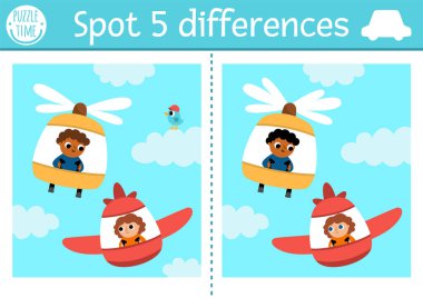 Find differences game for children. Transportation educational activity with plane and helicopter with pilots flying in the sky. Cute puzzle for kids with funny transport. Printable workshee clipart
