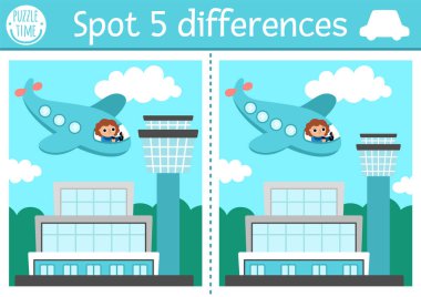 Find differences game for children. Transportation educational activity with plane with girl pilot flying in the sky to the airport. Cute puzzle for kids with funny transport. Printable workshee clipart