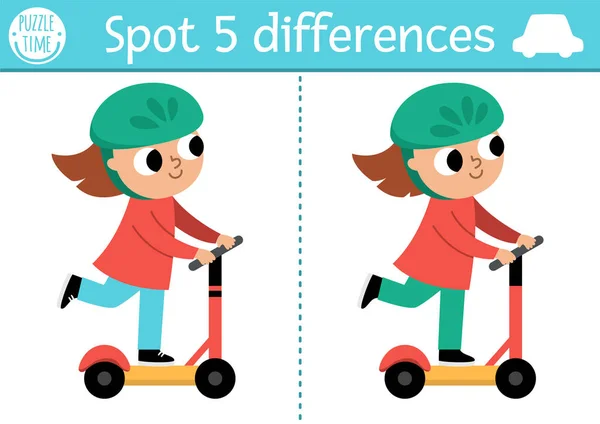 子供のためのゲームの違いを見つける かわいいガールライディングプッシュスクーターとの交通教育活動 面白い交通機関の子供のためのかわいいパズル ロジックと注意スキルのための印刷可能なワークシートまたはページ — ストックベクタ