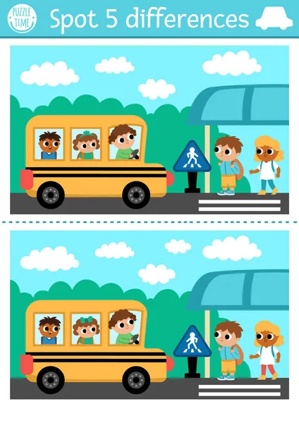 为孩子们找出不同的游戏 用可爱的校车和司机一起进行交通教育活动 在巴士站接孩子 有趣的交通给孩子们带来了有趣的难题 可打印的工作表或包装袋 — 图库矢量图片