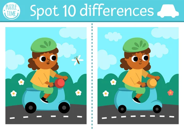 Find Differences Game Children Transportation Educational Activity Cute Girl Riding — Stock Vector