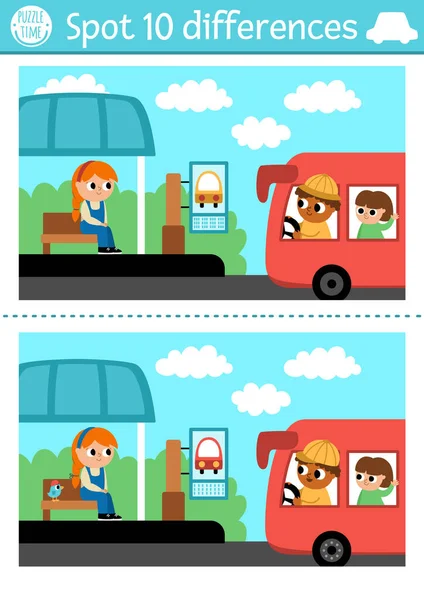 为孩子们找出不同的游戏 交通教育活动与可爱的公共汽车与司机 在巴士站接送乘客 有趣的交通给孩子们带来了有趣的难题 可打印工作表E — 图库矢量图片