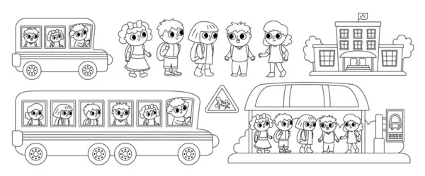 Vektorová Černobílá Transportní Souprava Dětmi Funny Line Školní Autobus Clipart — Stockový vektor