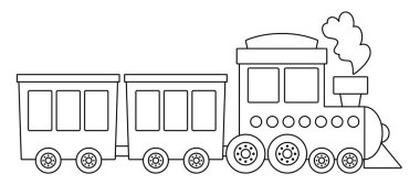 Siyah-beyaz buhar treni. Komik çizgili lokomotif ya da çocuklar için sarı arabalı motor. Güzel araba klipsleri. Beyaz arka grupta izole edilmiş toplu taşıma simgesi ya da renklendirme sayfası