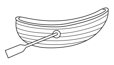 Kürekli siyah beyaz bir tekne. Su taşıma hattı simgesi. Çocuklar için ilginç bir deniz taşımacılığı gemisi. Tatlı deniz aracı boyama sayfası çocuk için beyaz arka planda izole edilmiş