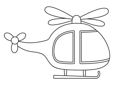 Siyah-beyaz helikopter ikonu. Çocuklar için hava taşımacılığı. Çocuklar için komik bir ulaşım hattı klip sanatı. Beyaz arka grupta şirin helikopter boyama sayfası izole edildi