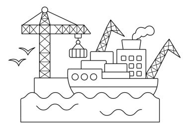Siyah ve beyaz vektör iskele simgesi. Liman terminali vinç, yük ve mavna kaldırmakla meşgul. Liman illüstrasyon veya boyama sayfası. Şehir taşıma plaketi
