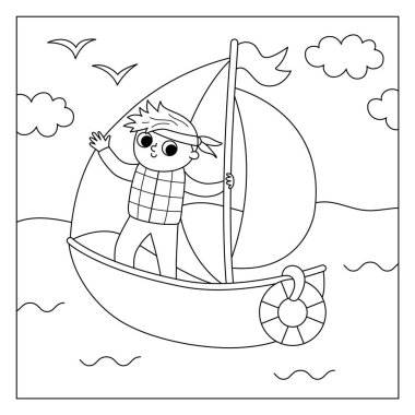 Erkek yelkenli yatlı siyah beyaz bir sahne. Ulaşım çizgisi illüstrasyonu veya boyama sayfası. Sevimli çocuk nakliye aracını kullanıyor. Su aracı manzarası. Çizgi film çocuğu.
