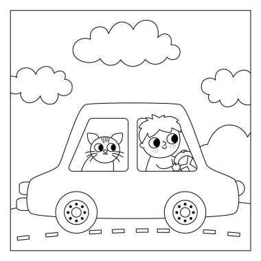 Kedisi olan bir çocuğun araba sürdüğü siyah-beyaz kare bir sahne. Ulaşım çizgisi illüstrasyonu veya boyama sayfası. Sevimli çocuk, nakliye aracını kullanıyor. Yol manzarası. Otomobilde çizgi film çocuğu