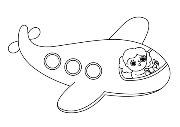 Векторный Черно Белый Самолет Иконой Девушки Пилота Воздушный Транспорт Детей — стоковый вектор