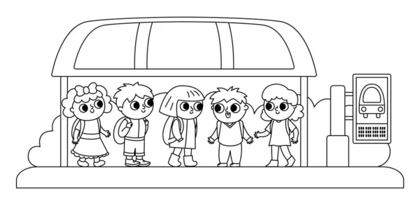 Děti Autobusové Zastávce Čekají Školní Autobus Ikona Černo Bílé Vektorové — Stockový vektor