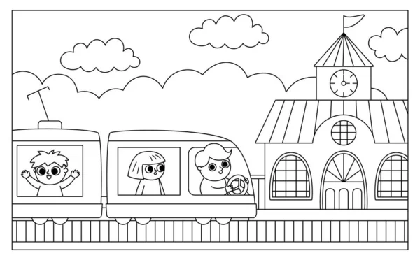 Vektorová Černobílá Horizontální Scéna Řidičem Vlaku Pasažéry Přijíždějícími Nádraží City — Stockový vektor