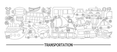 Vector siyah ve beyaz ulaşım yatay seti ve farklı ulaşım çeşitleri. Çizgi yol kartı şablonu veya afişler için çerçeve tasarımı. Şirin illüstrasyon, otobüs, araba, boa