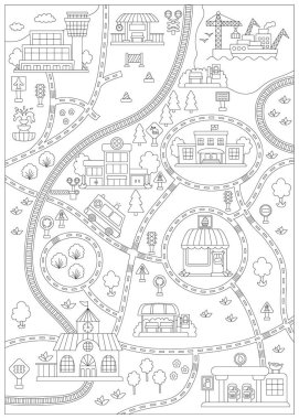 Yolları ve demiryolu ile şehir siyah beyaz haritası. Raylı boş bir arka plan, çocuklar için trafik işaretleri. Taşıma olmadan vektör bilgi elementleri. Yerli ve binalı şehir boyama sayfası