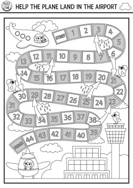 İniş uçağıyla birlikte siyah beyaz zar oyunu, pilot. Çocuklar için hava taşımacılığı oyunu. Yazdırılabilir aktivite, boyama sayfası. Uçağın havalanmasına yardım et.