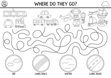 Ulaşım aracı olan çocuklar için siyah-beyaz labirent. Hava, arazi, su nakli okul öncesi yazdırılabilir etkinlik ya da boyama sayfası. Tren, araba, uçak, shi ile satır labirent oyunu