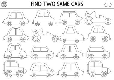 İki tane aynı arabayı bul. Çocuklar için siyah beyaz ulaşım etkinliği. İlgi çekmek için şehir ulaşımı eğitim hattı sınav kağıtları. Araç ile renklendirme sayfası