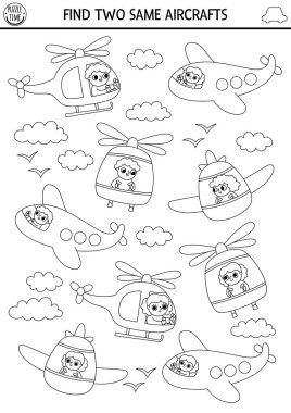 Aynı uçaklardan iki tane bul. Çocuklar için siyah beyaz ulaşım etkinliği. Çocuklar için hava taşımacılığı eğitim hattı sınav kağıtları. Sevimli uçakla boyama sayfası, helikopter