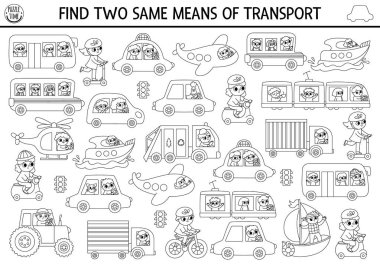 İki tane aynı aracı bul. Çocuklar için siyah beyaz ulaşım etkinliği. Çocuklar için şehir ulaşımı eğitim hattı sınav kağıtları. Araba, kamyon, tekne, planlı boyama sayfası
